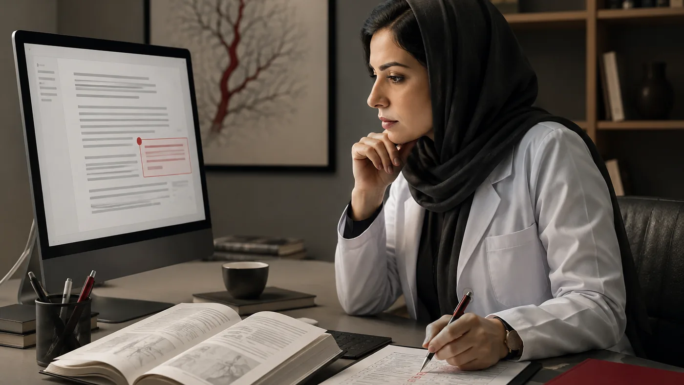 پزشک فرضی در حال بررسی پیش‌نویس AI کنار کتاب مرجع و چک‌لیست کاغذی