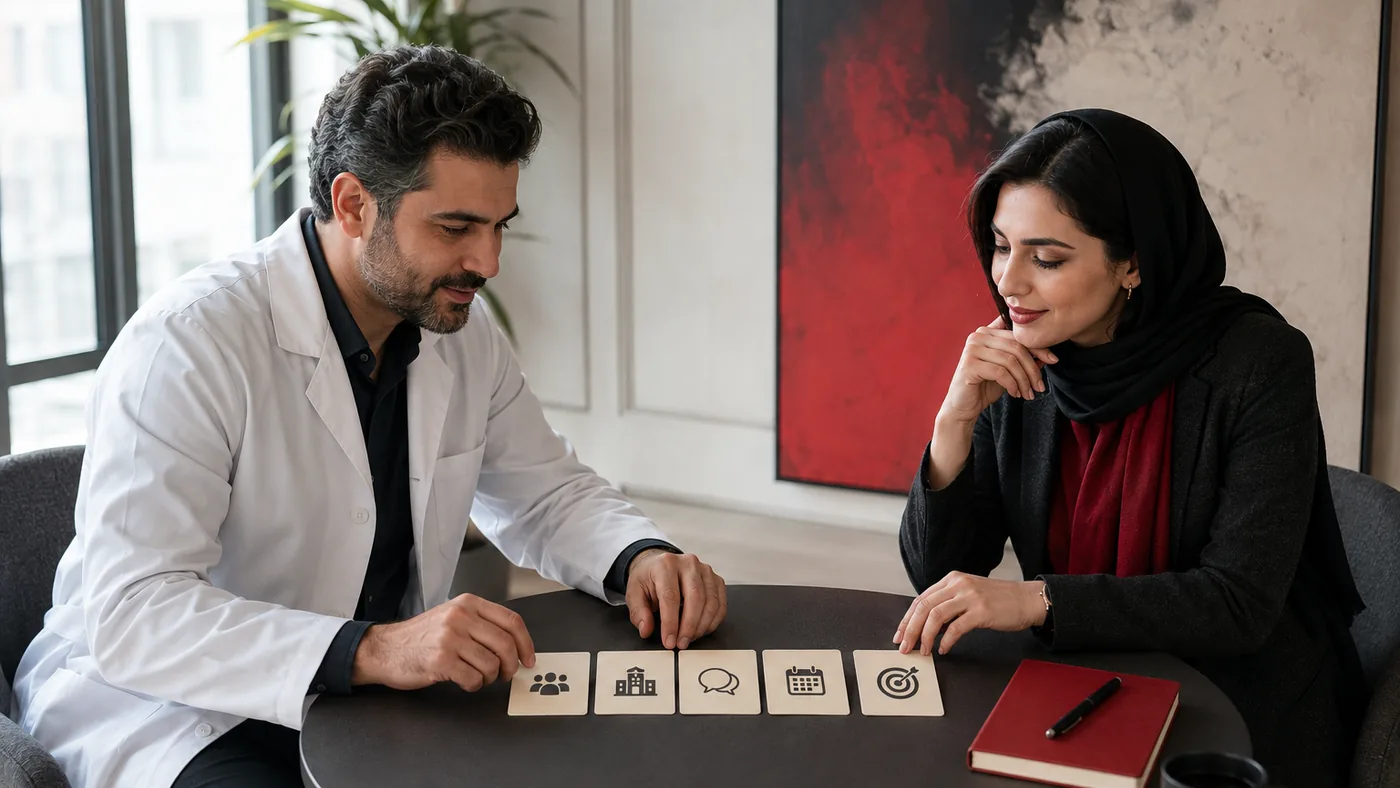 جلسه کارگاه بریف برندینگ پزشکی با برگههای مخاطب، لحن و خدمات اولویتدار