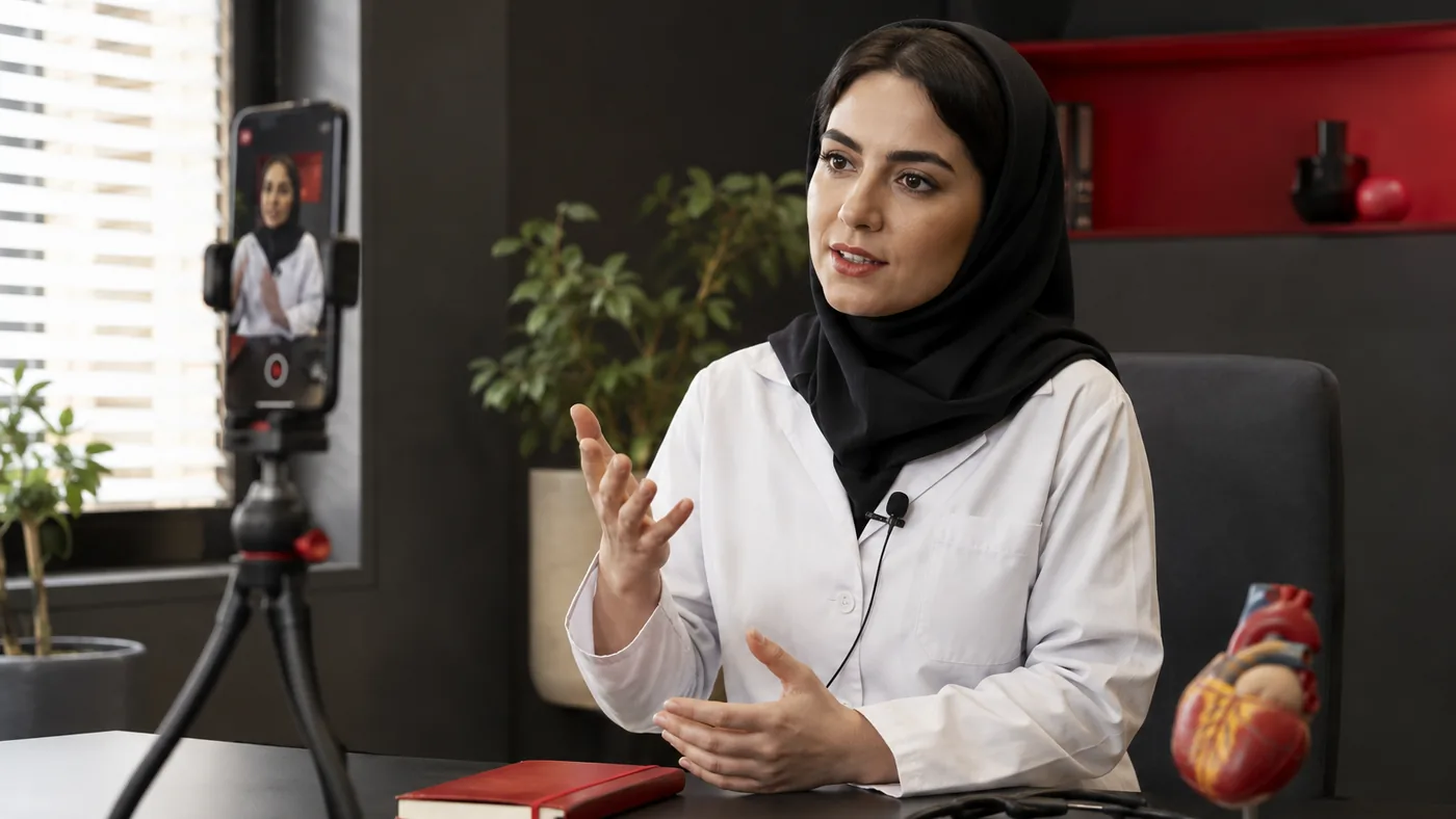 تصویرسازی پزشک فرضی هنگام ضبط ویدیوی آموزشی با گوشی روی پایه و میکروفن یقهای در مطب