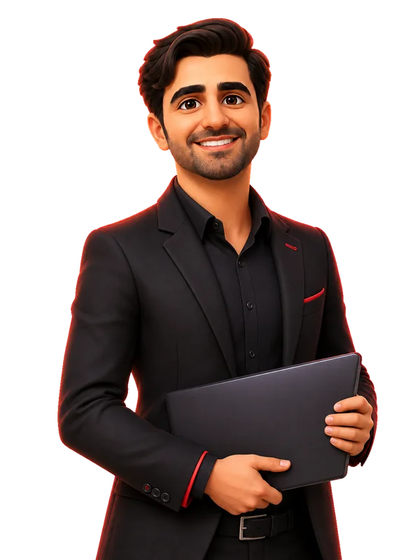 شخصیت کارتونی توسعه‌دهنده نرم‌افزار پزشکی با لپ‌تاپ