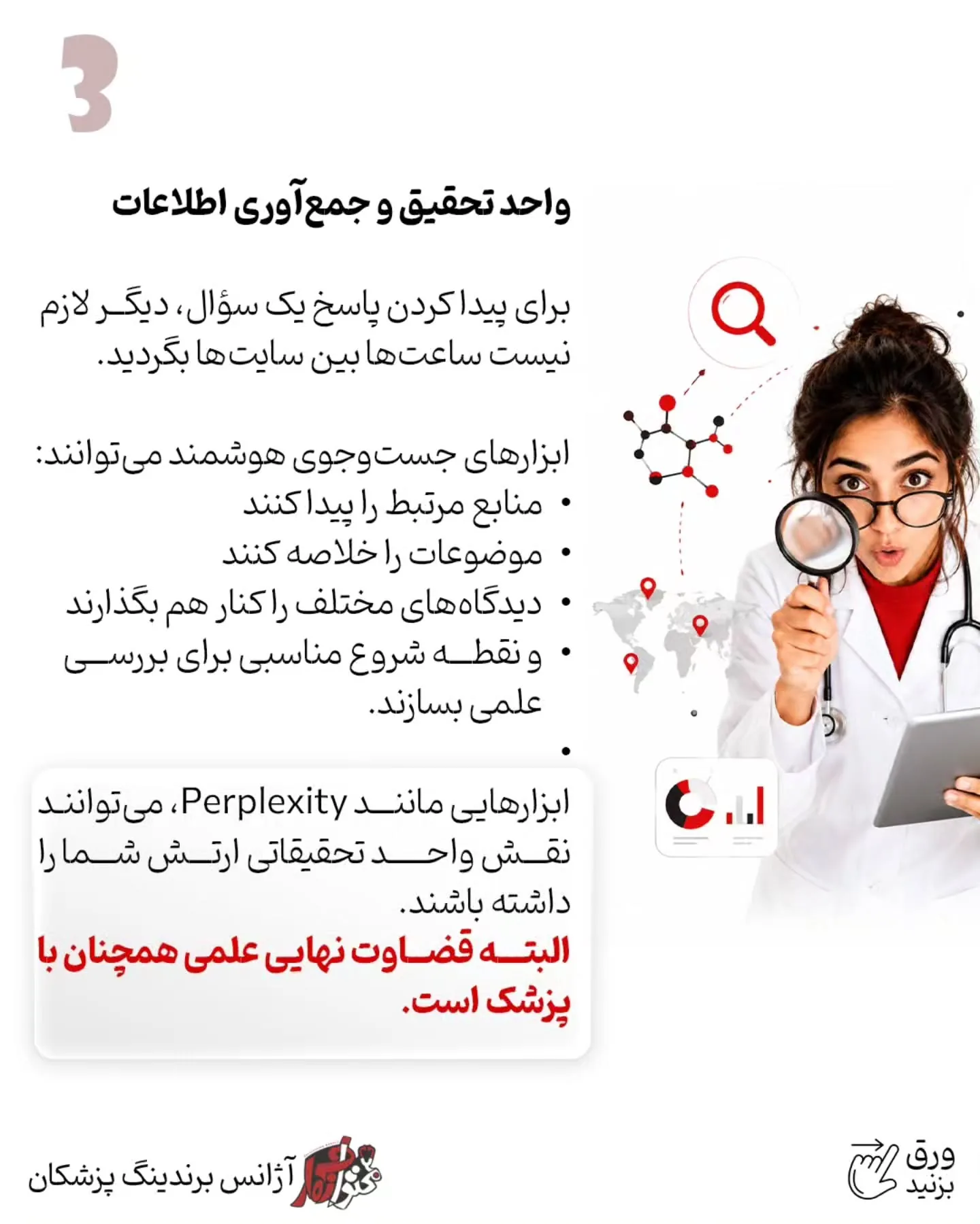 هوش مصنوعی می‌تواند در ایده‌پردازی، تحقیق، تولید محتوای پزشکی، طراحی، تدوین، پاسخ‌گویی اولیه، پیگیری…؛ اسلاید 4 از 13