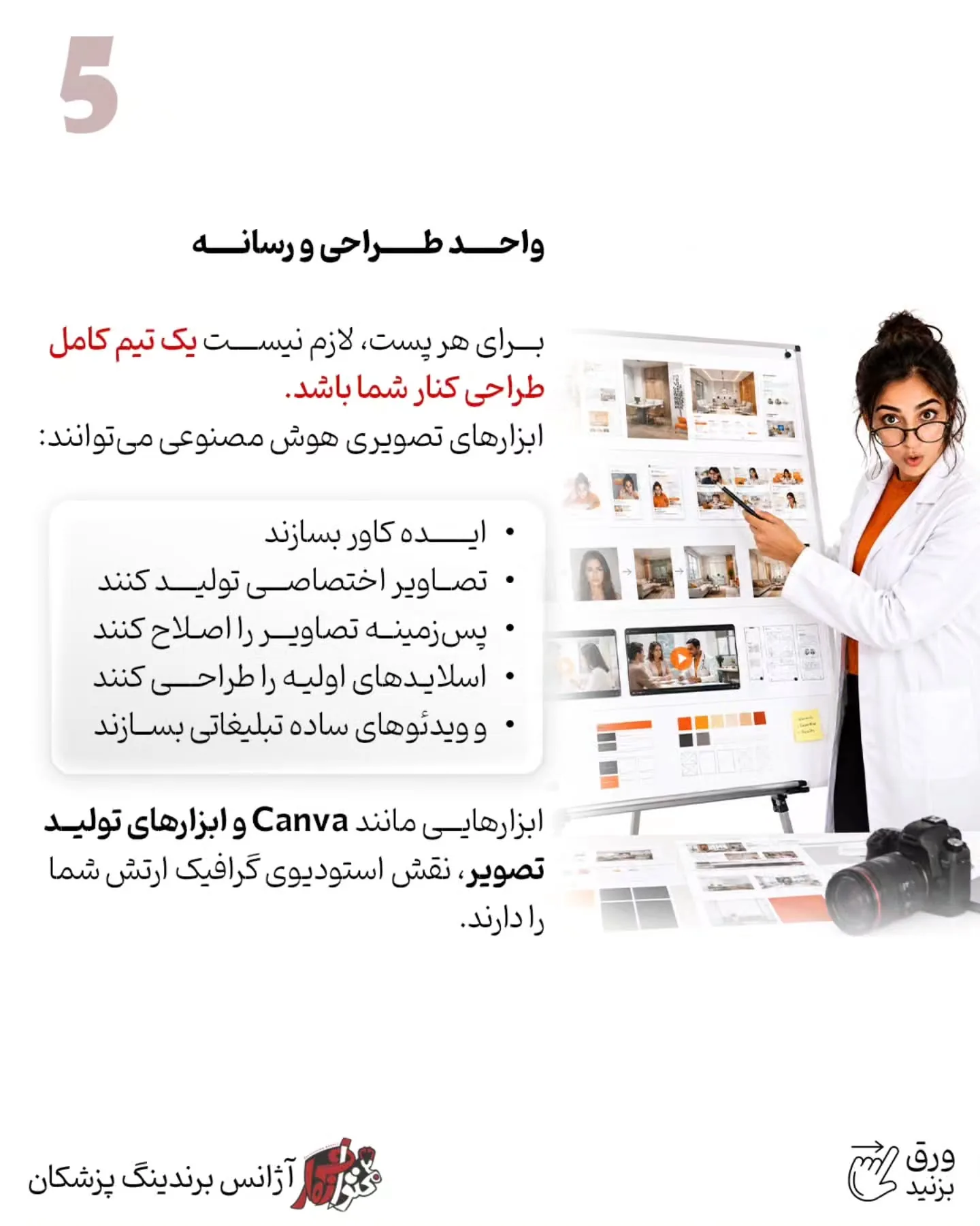 هوش مصنوعی می‌تواند در ایده‌پردازی، تحقیق، تولید محتوای پزشکی، طراحی، تدوین، پاسخ‌گویی اولیه، پیگیری…؛ اسلاید 6 از 13