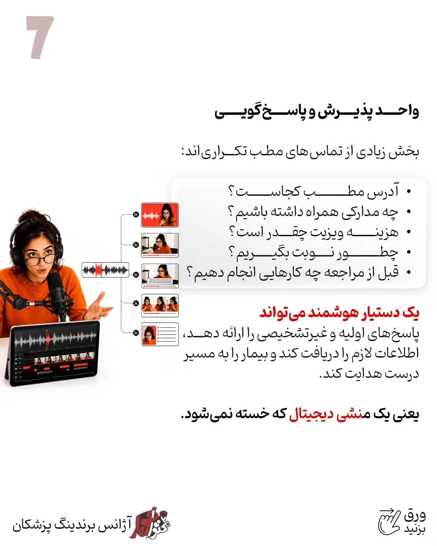هوش مصنوعی می‌تواند در ایده‌پردازی، تحقیق، تولید محتوای پزشکی، طراحی، تدوین، پاسخ‌گویی اولیه، پیگیری…؛ اسلاید 8 از 13