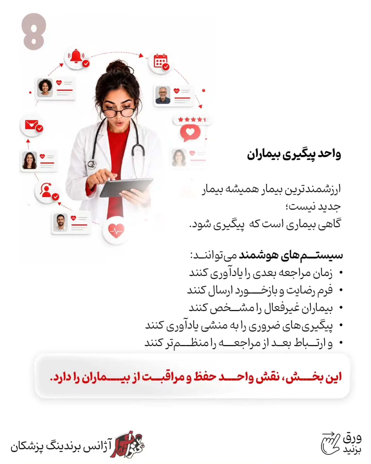 هوش مصنوعی می‌تواند در ایده‌پردازی، تحقیق، تولید محتوای پزشکی، طراحی، تدوین، پاسخ‌گویی اولیه، پیگیری…؛ اسلاید 9 از 13