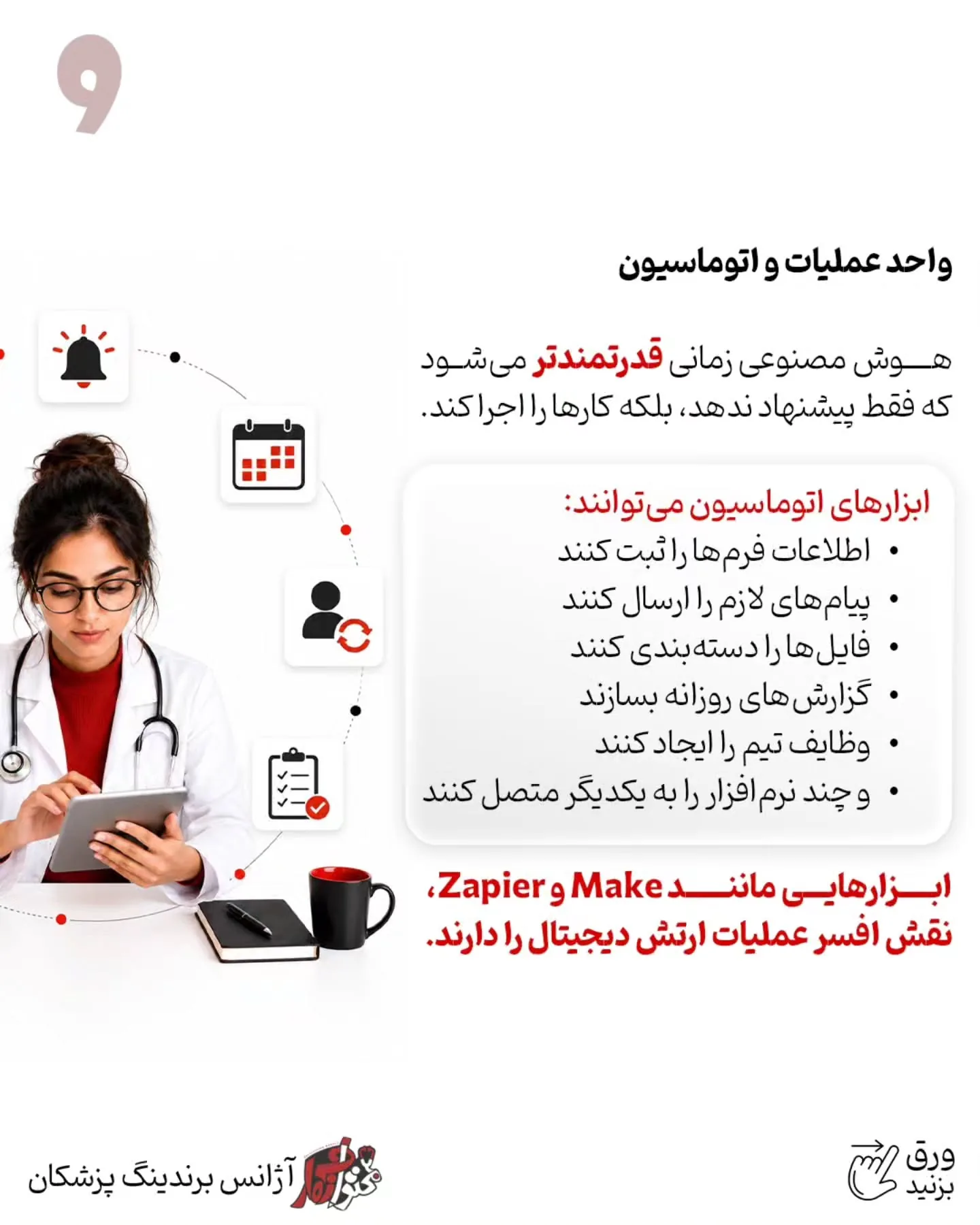هوش مصنوعی می‌تواند در ایده‌پردازی، تحقیق، تولید محتوای پزشکی، طراحی، تدوین، پاسخ‌گویی اولیه، پیگیری…؛ اسلاید 10 از 13