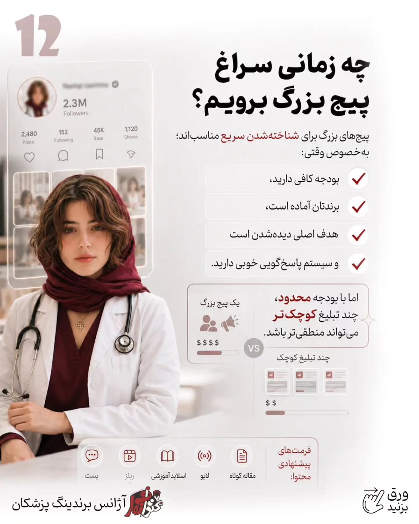 پرسش‌وپاسخ با پزشک، اصلاح یک باور اشتباه، آموزش یک نکته کاربردی یا بازدید از فضای مطب، می‌تواند تبلیغ…؛ اسلاید 13 از 15