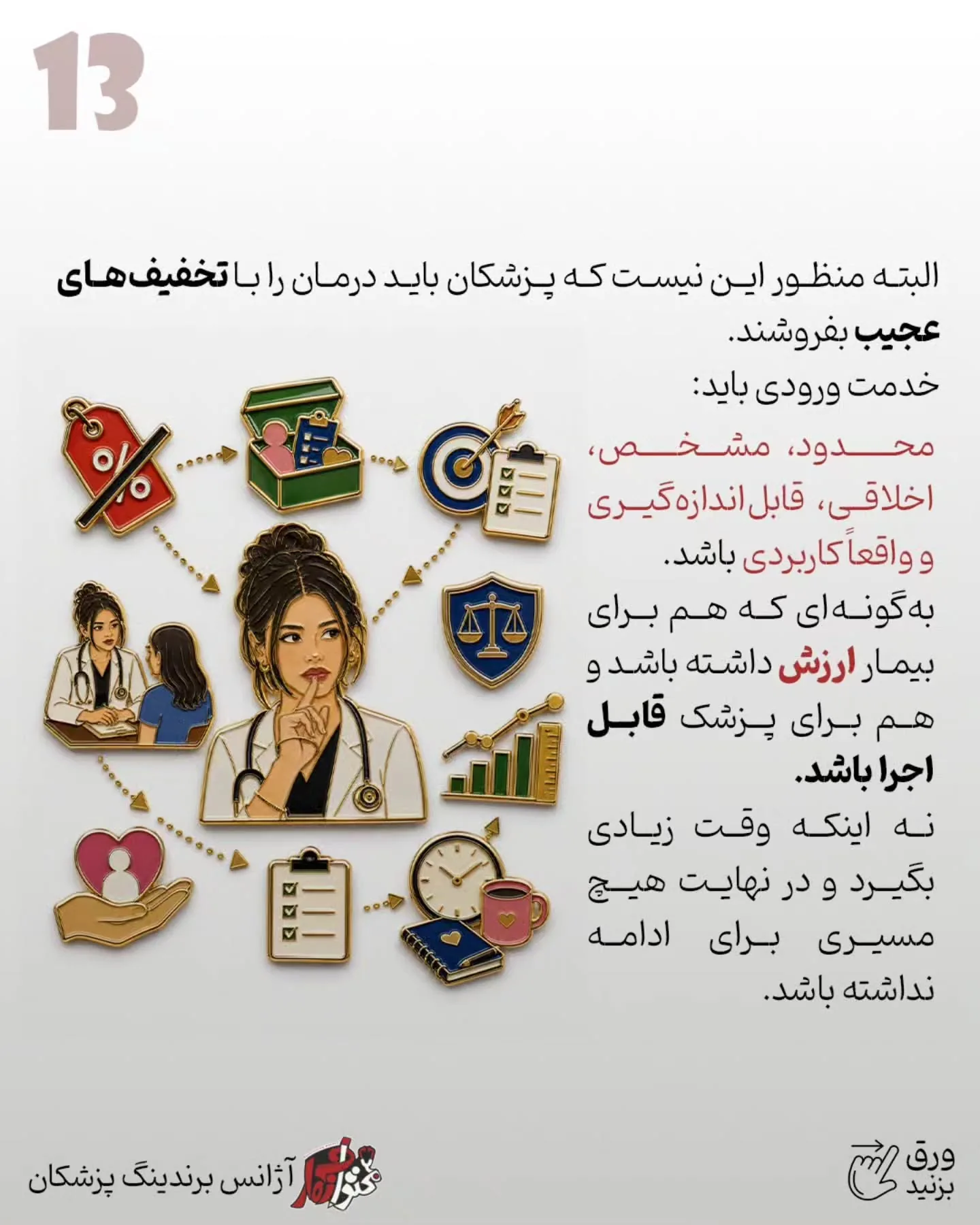 بسیاری از پزشکان فقط خدمات اصلی، تخصصی و گران‌قیمت خود را معرفی می‌کنند؛ درحالی‌که بیماری که هنوز…؛ اسلاید 14 از 15
