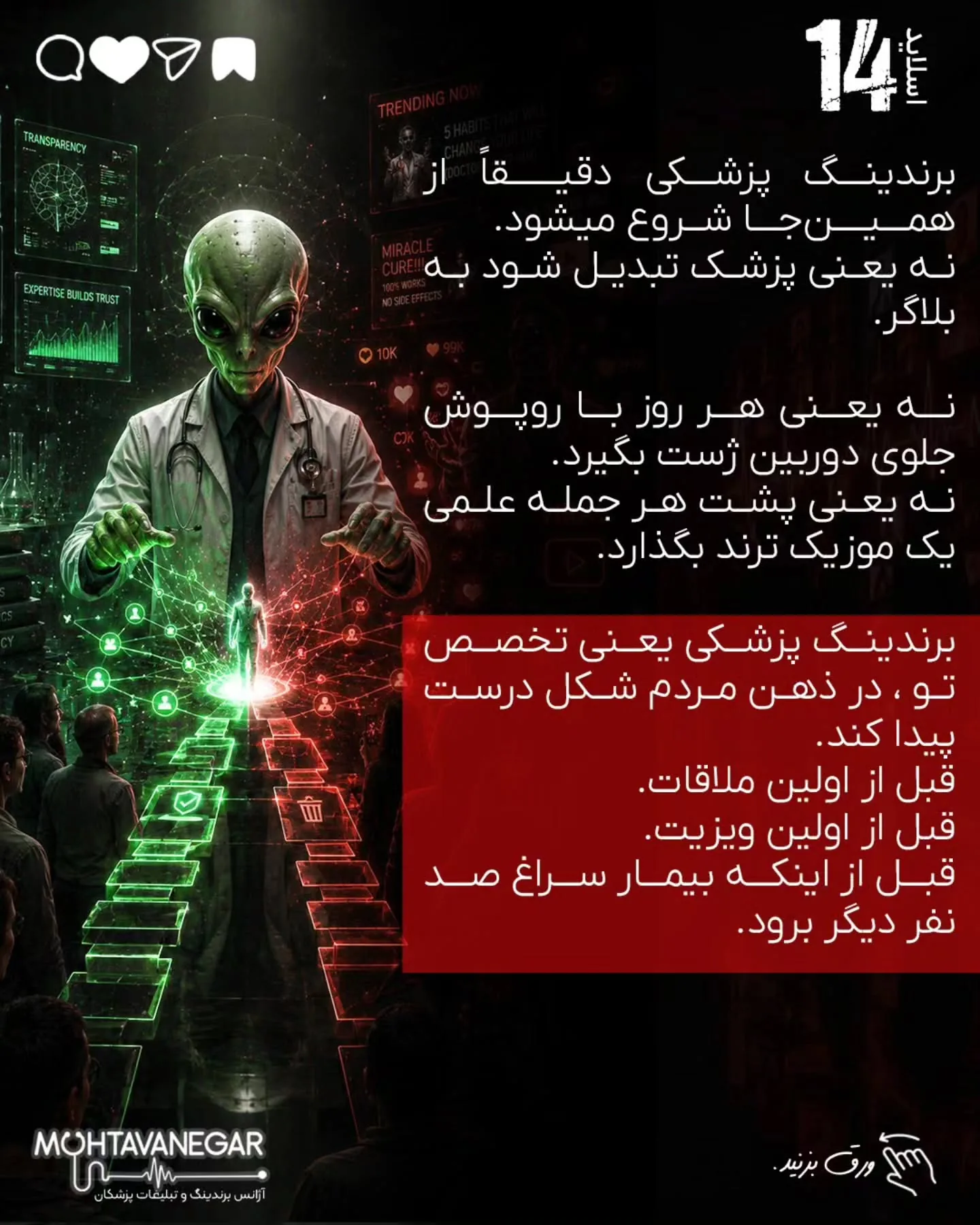 مسئله این است که بیمار، قبل از رسیدن به مطب، در چه فضایی تصمیم می‌گیرد، به چه کسی اعتماد می‌کند و از…؛ اسلاید 15 از 20