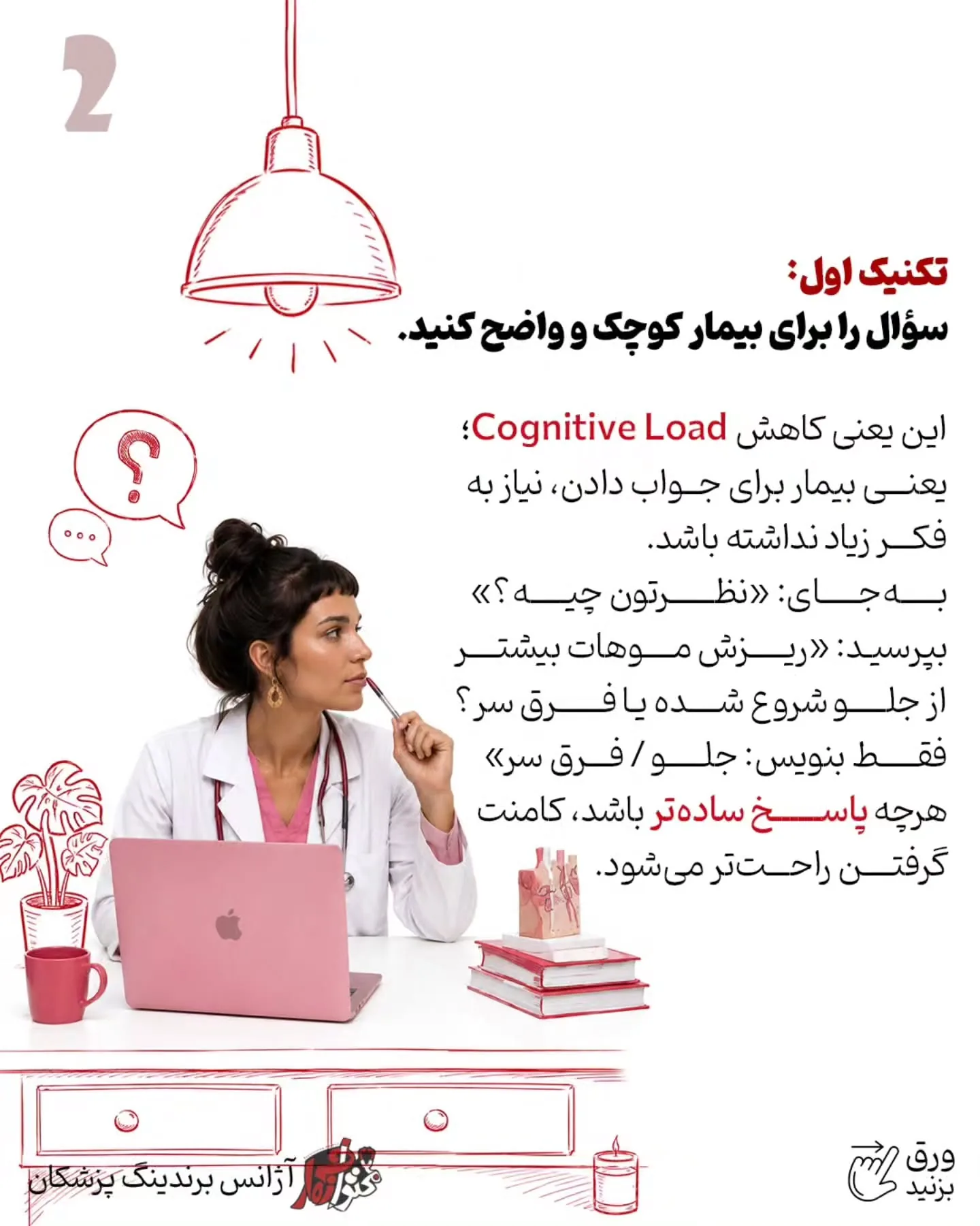 در برندینگ پزشکی بهتر است سؤال کوتاه، مشخص و مرتبط با دغدغه واقعی بیمار باشد؛ اسلاید 3 از 10