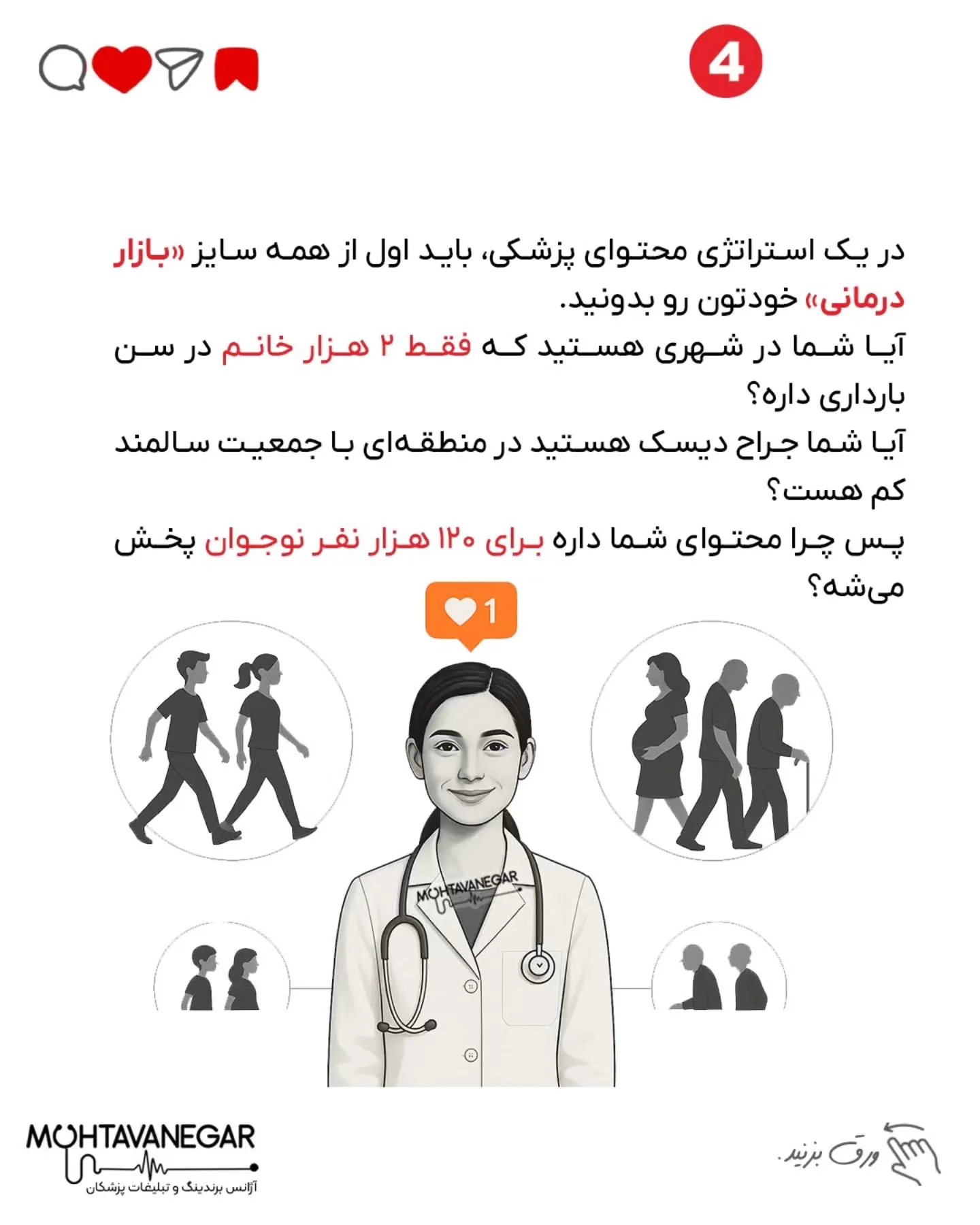 یه روز که دیگه حسابی کلافه بودم، با یه متخصص برندینگ پزشکی از تیم محتوانگار حرف زدم؛ اسلاید 5 از 7