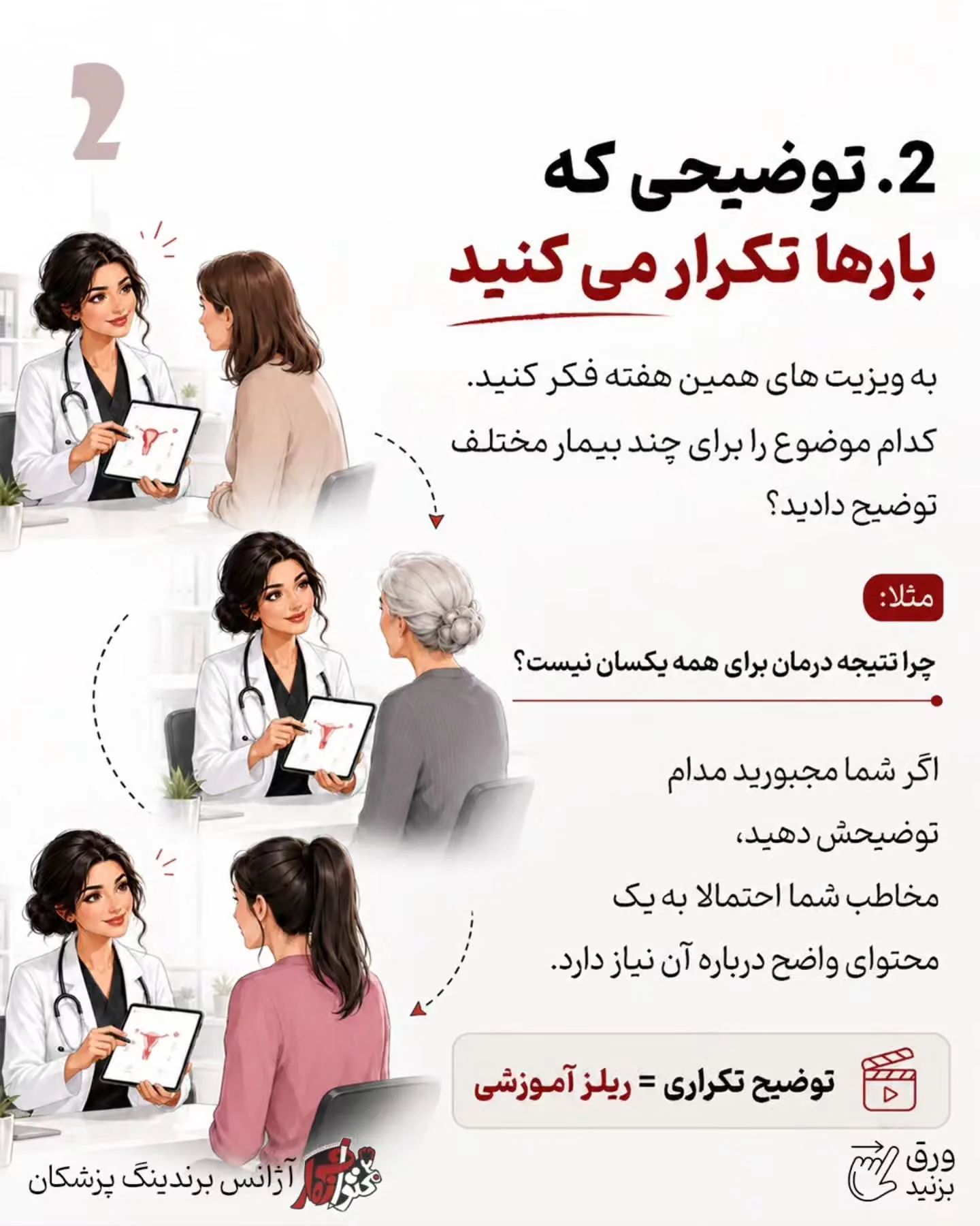 و نکته مهم‌تر اینکه برند شخصی پزشک فقط با معرفی خدمات ساخته نمی‌شود؛ نوع آموزش شما، نحوه پاسخ‌دادن به…؛ اسلاید 3 از 11