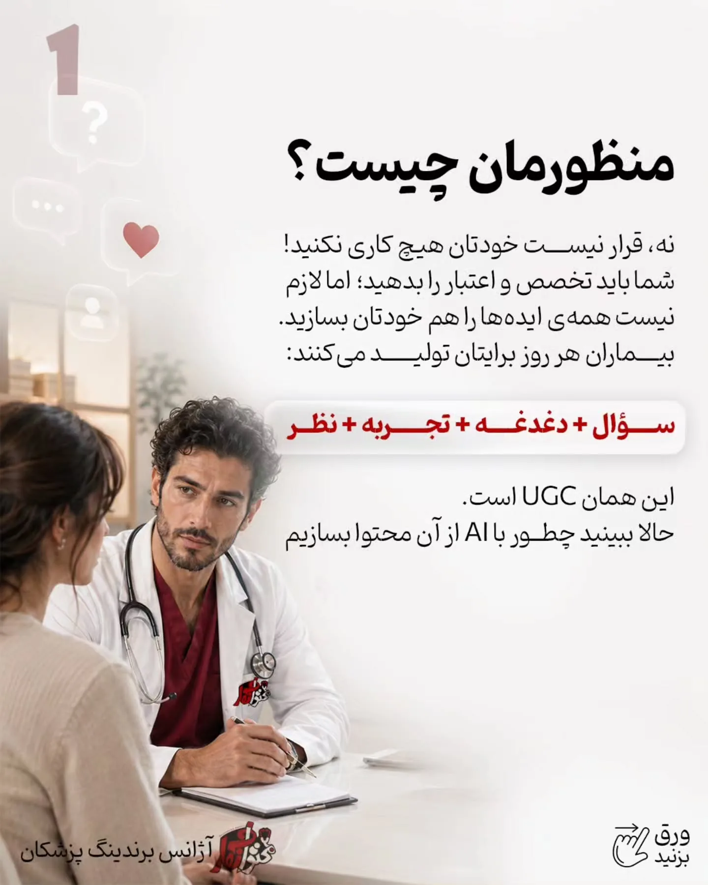 در یک سیستم حرفه‌ای برندسازی پزشکی، بیمار «دغدغه» را مشخص می‌کند، هوش مصنوعی آن را تحلیل و تبدیل…؛ اسلاید 2 از 9