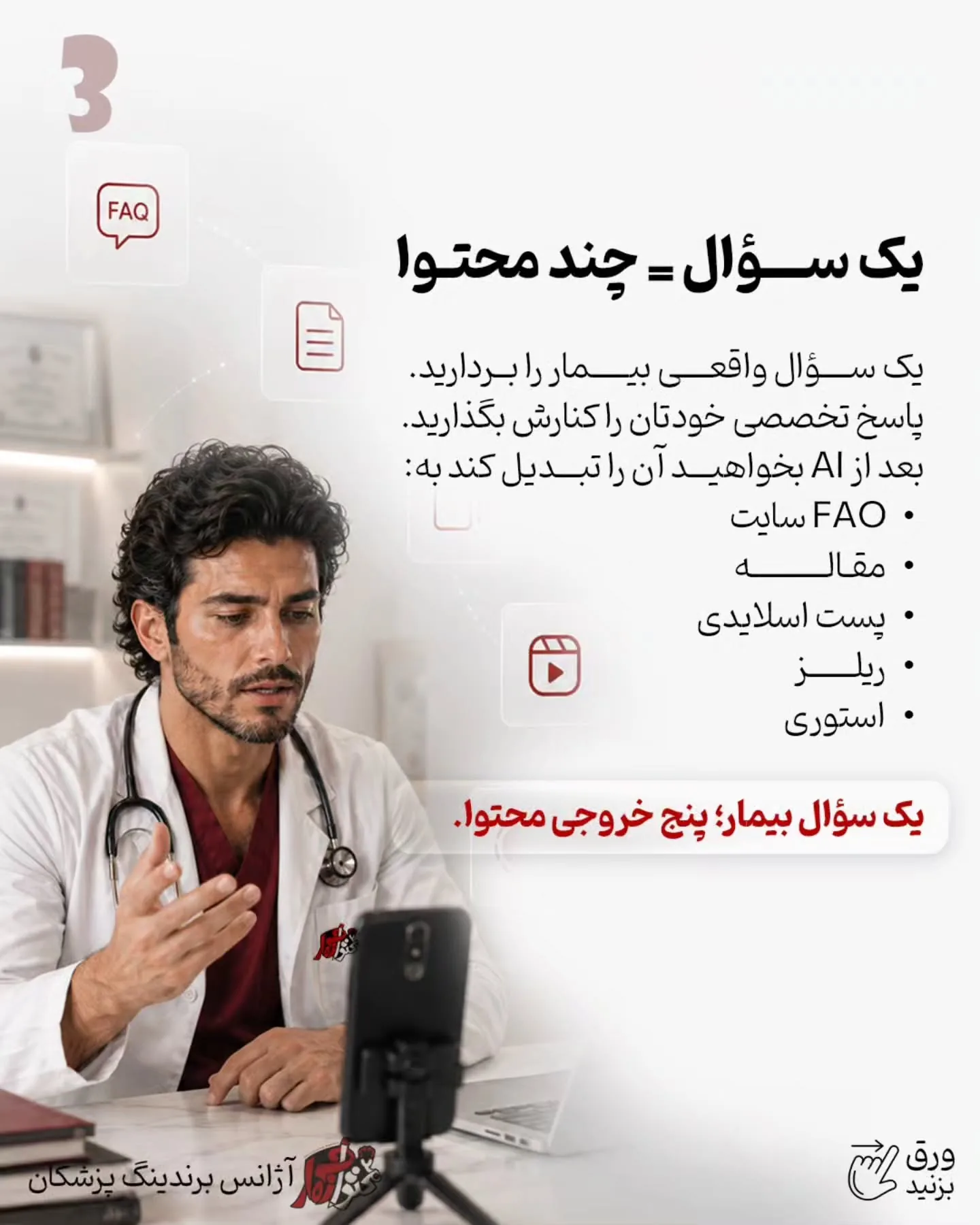 در یک سیستم حرفه‌ای برندسازی پزشکی، بیمار «دغدغه» را مشخص می‌کند، هوش مصنوعی آن را تحلیل و تبدیل…؛ اسلاید 4 از 9