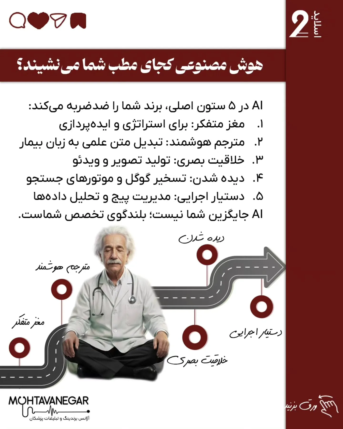 🧠 این پست، نقشه‌ی شروع بود؛ از اینجا به بعد، ما در محتوانگار هر روز درباره برندینگ پزشکی با هوش…؛ اسلاید 3 از 15