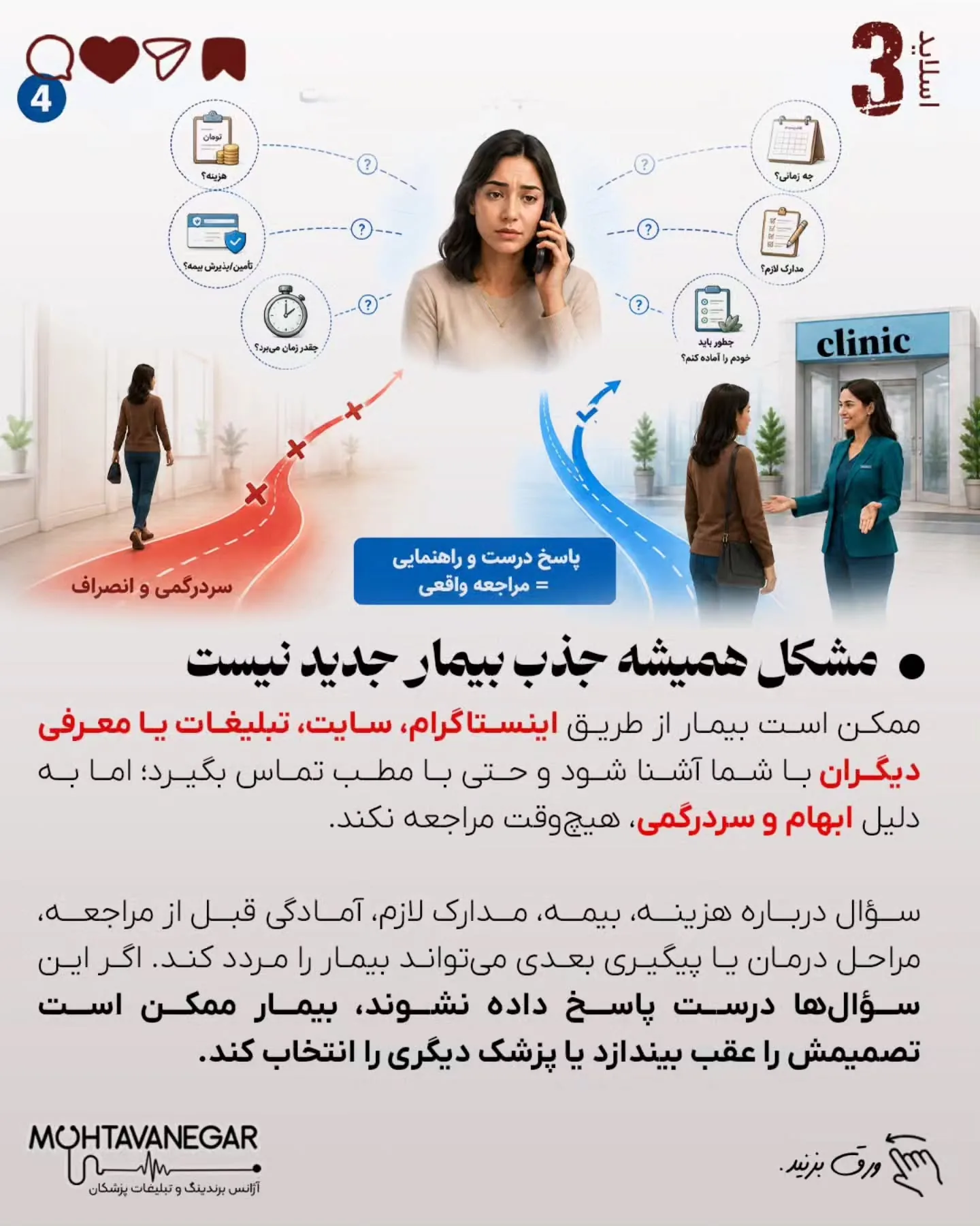 بسیاری از بیماران از لحظه تماس تا زمان حضور در مطب، به دلیل ابهام، نگرانی یا نداشتن راهنمایی کافی، از…؛ اسلاید 4 از 11