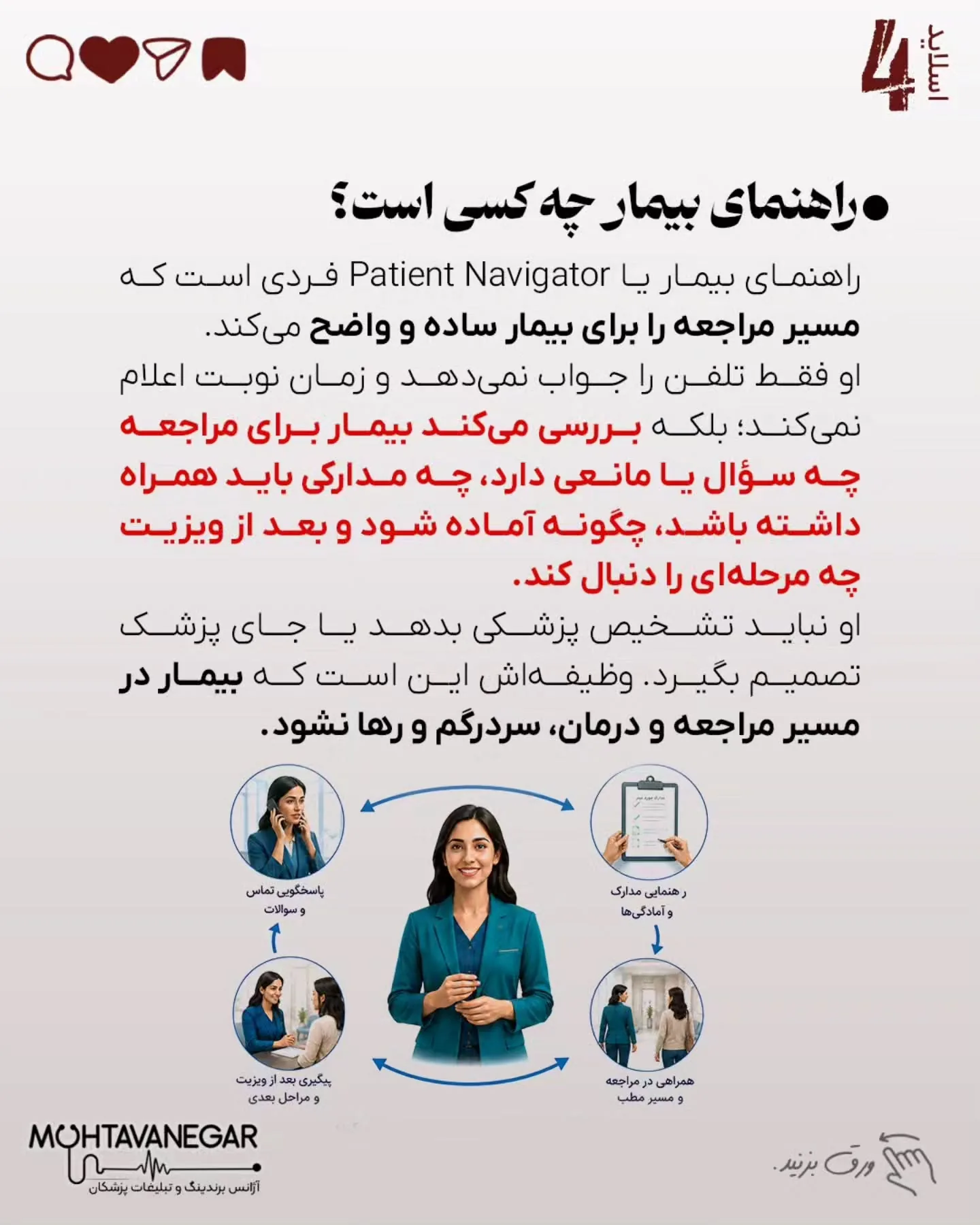بسیاری از بیماران از لحظه تماس تا زمان حضور در مطب، به دلیل ابهام، نگرانی یا نداشتن راهنمایی کافی، از…؛ اسلاید 5 از 11