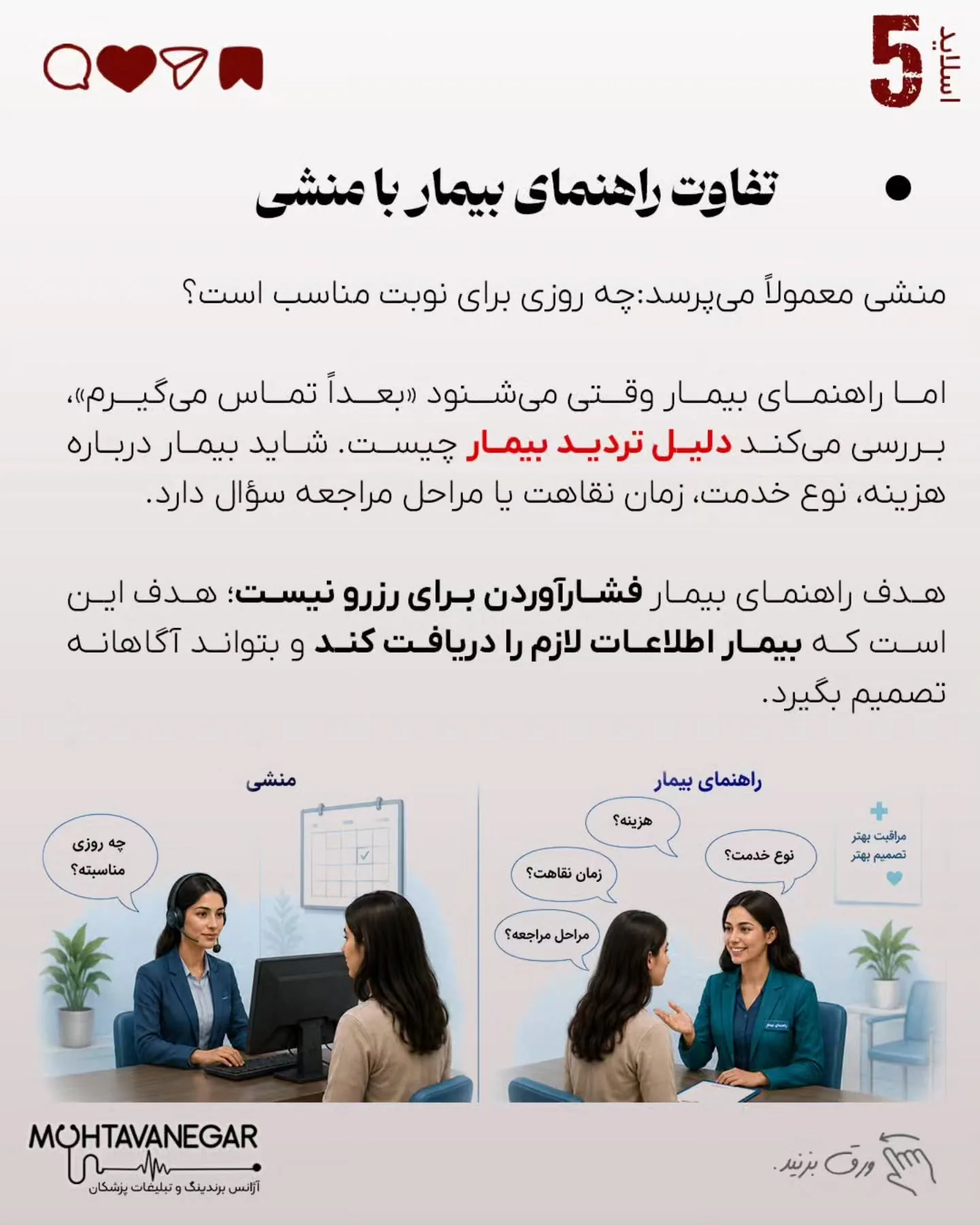بسیاری از بیماران از لحظه تماس تا زمان حضور در مطب، به دلیل ابهام، نگرانی یا نداشتن راهنمایی کافی، از…؛ اسلاید 6 از 11