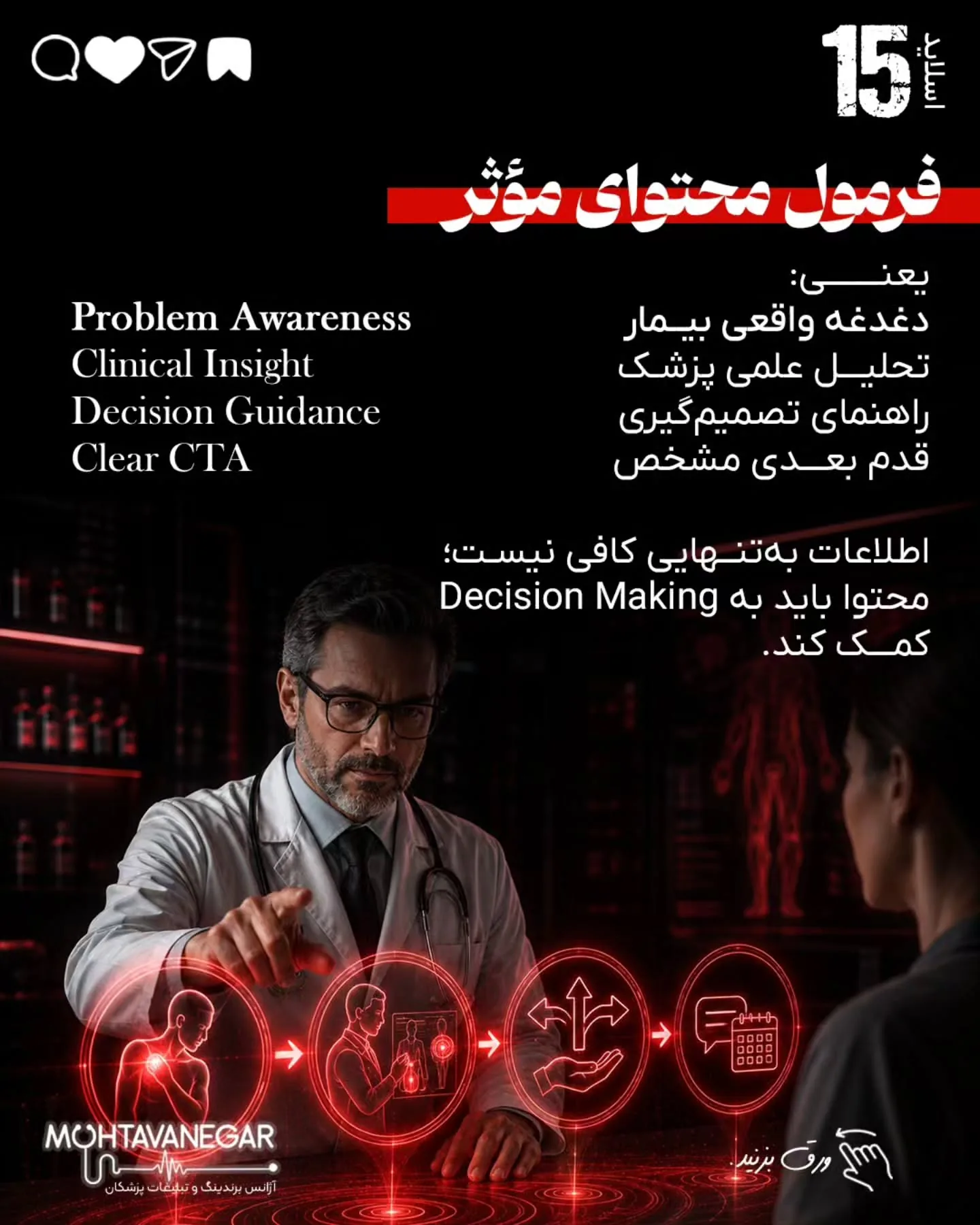 در برندینگ پزشکی، North Star Metric یک پیج، تعداد مراجعه‌کنندگان واقعی است؛ نه تعداد بازدیدکنندگان؛ اسلاید 16 از 20