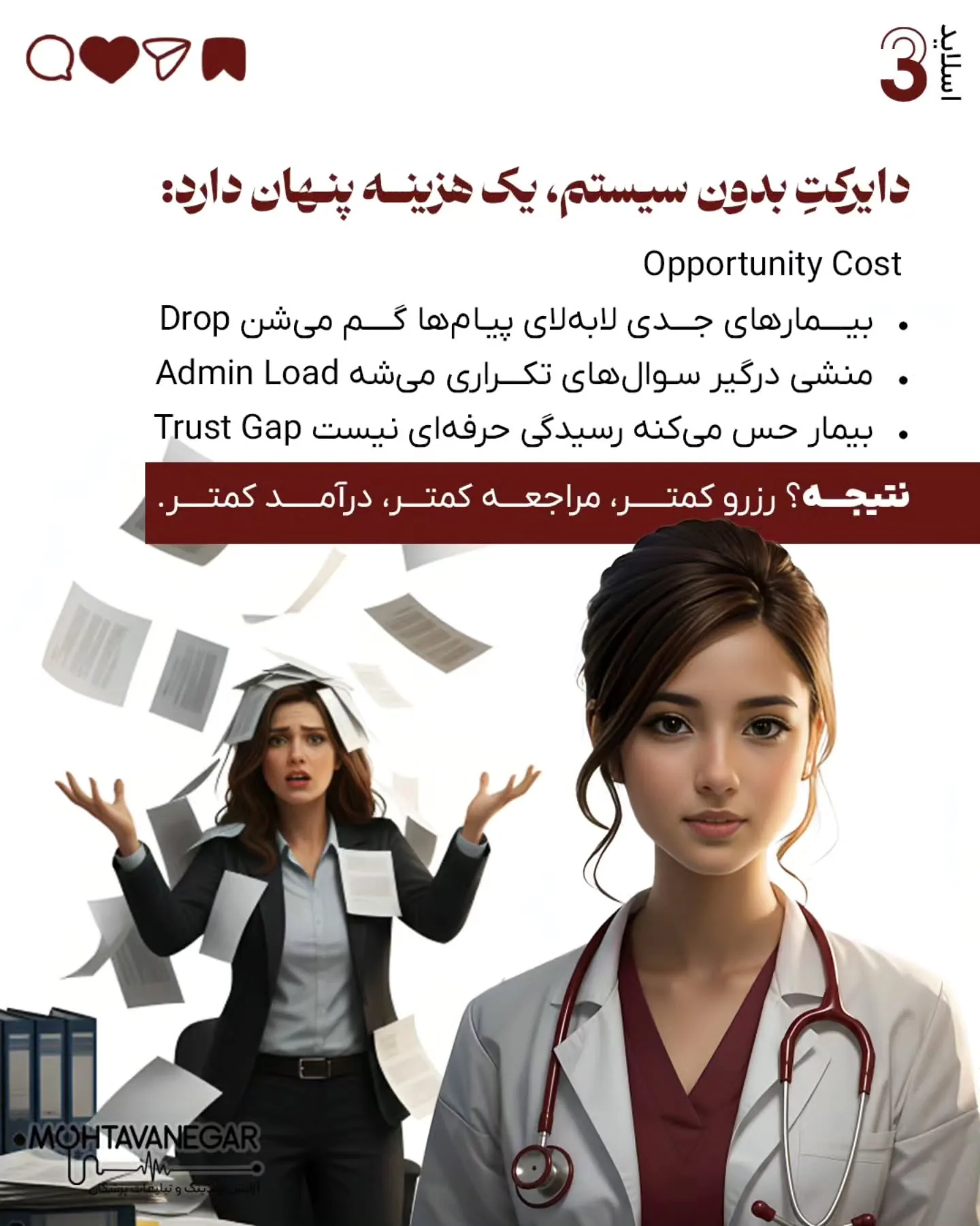 بیماری که پیام می‌دهد، اما قبل از رسیدن به رزرو، اعتمادش را از دست می‌دهد و به‌سادگی از Funnel خارج…؛ اسلاید 4 از 15