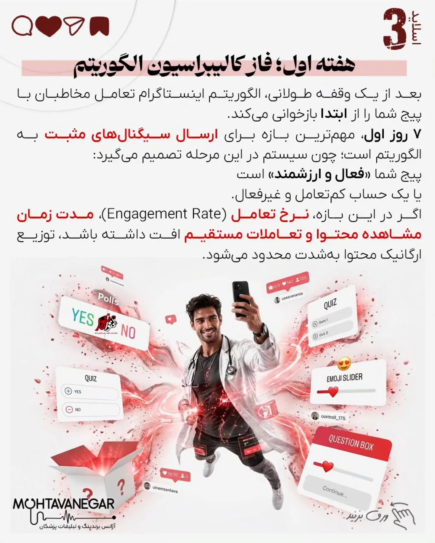 بسیاری از پزشکان فکر می‌کنند بعد از وقفه، فقط با یک پست «برگشتیم» همه چیز درست می‌شود؛ اما الگوریتم…؛ اسلاید 4 از 14