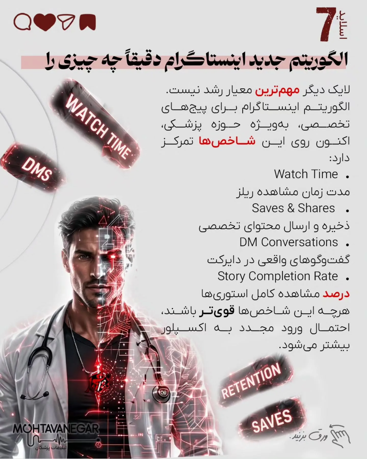 بسیاری از پزشکان فکر می‌کنند بعد از وقفه، فقط با یک پست «برگشتیم» همه چیز درست می‌شود؛ اما الگوریتم…؛ اسلاید 8 از 14
